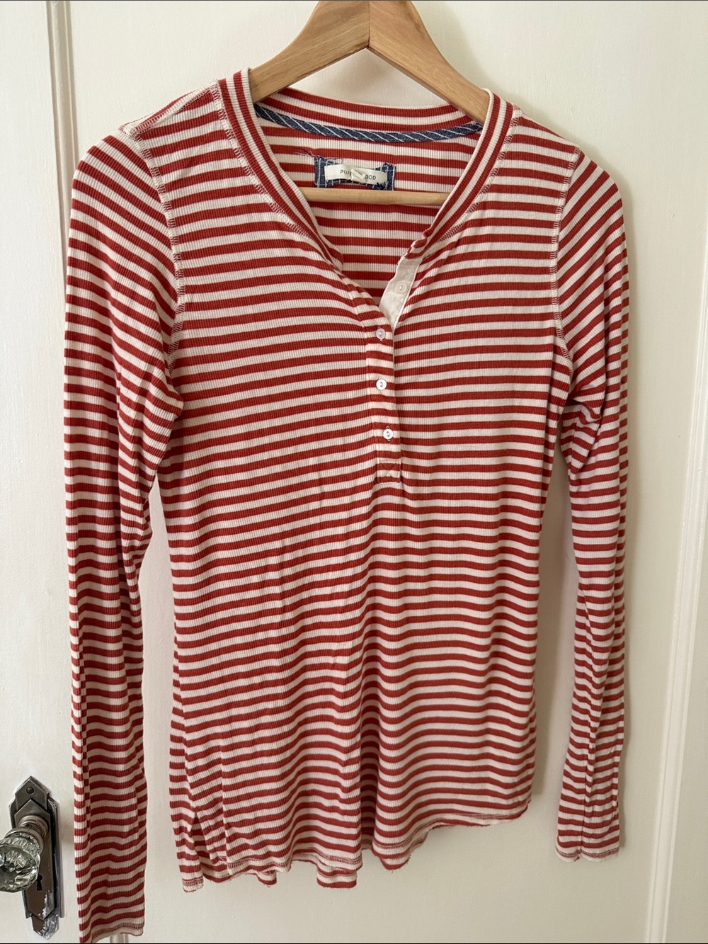Pure + Good Anthropologie Striped Long-Sleeve Henley Tee - Rust and Ivory